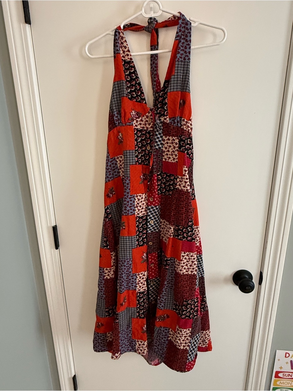 Patchwork Print Halter Dress in Red